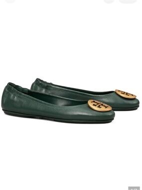 Tory Burch Minnie Leather Travel Ballet Flat Green NWT Size 5